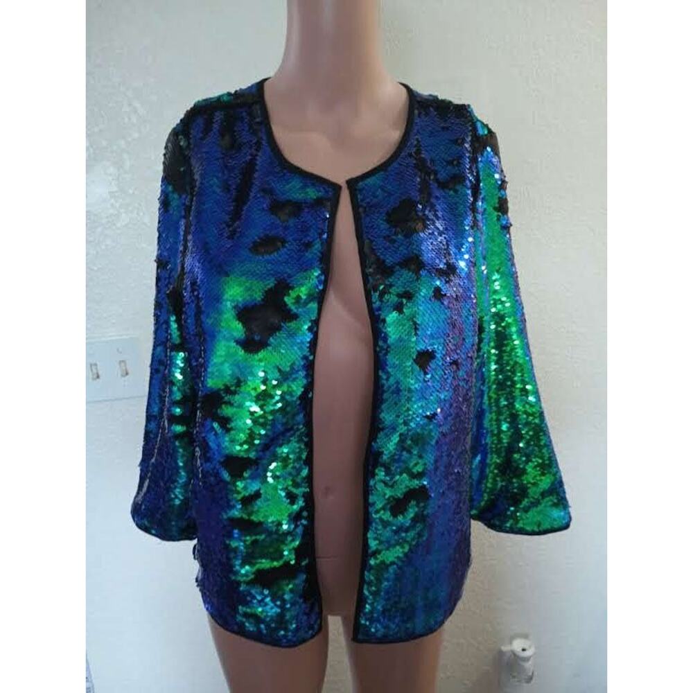 Stella Green Blue Sequin Open Front Jacket Size L W011 - Picture 4 of 9